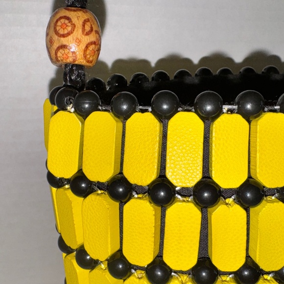 Kenyan Handmade Wooden Bead Mini Bucket Bag, Yellow+Black, Rufina Designs - Picture 4 of 9